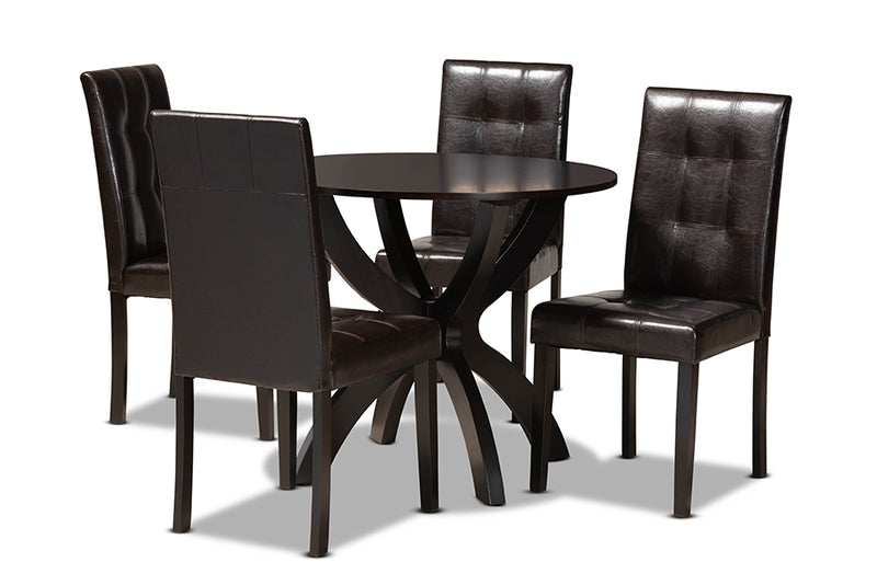 Brenna Modern and Contemporary Dark Brown Faux Leather Upholstered and Dark Brown Finished Wood 5-Piece Dining Set