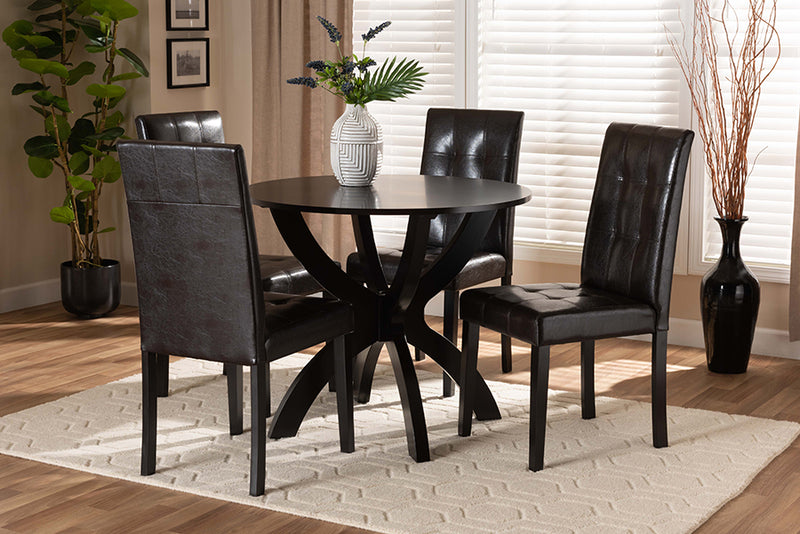 Brenna Modern and Contemporary Dark Brown Faux Leather Upholstered and Dark Brown Finished Wood 5-Piece Dining Set