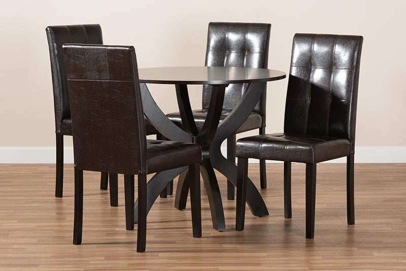 Brenna Modern and Contemporary Dark Brown Faux Leather Upholstered and Dark Brown Finished Wood 5-Piece Dining Set