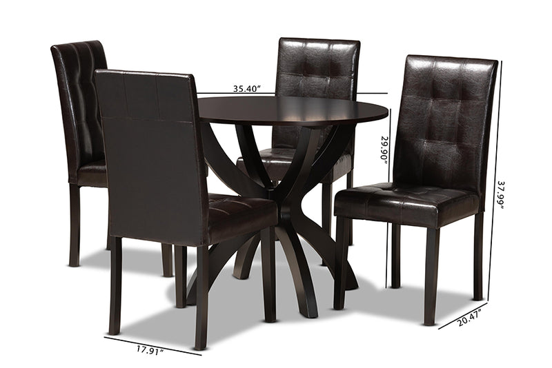 Brenna Modern and Contemporary Dark Brown Faux Leather Upholstered and Dark Brown Finished Wood 5-Piece Dining Set