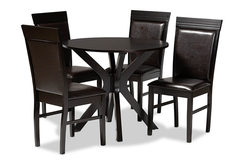 Fera Modern and Contemporary Dark Brown Faux Leather Upholstered and Dark Brown Finished Wood 5-Piece Dining Set