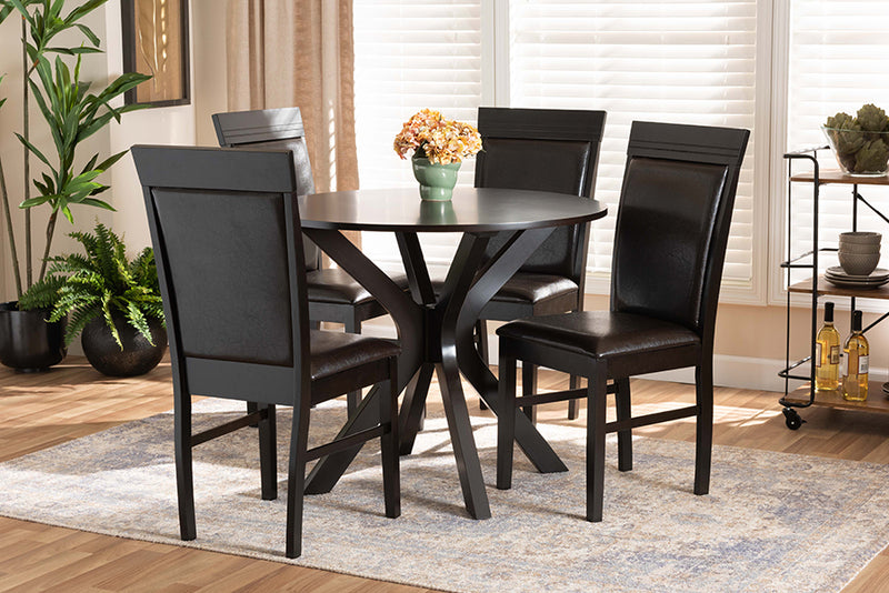 Fera Modern and Contemporary Dark Brown Faux Leather Upholstered and Dark Brown Finished Wood 5-Piece Dining Set
