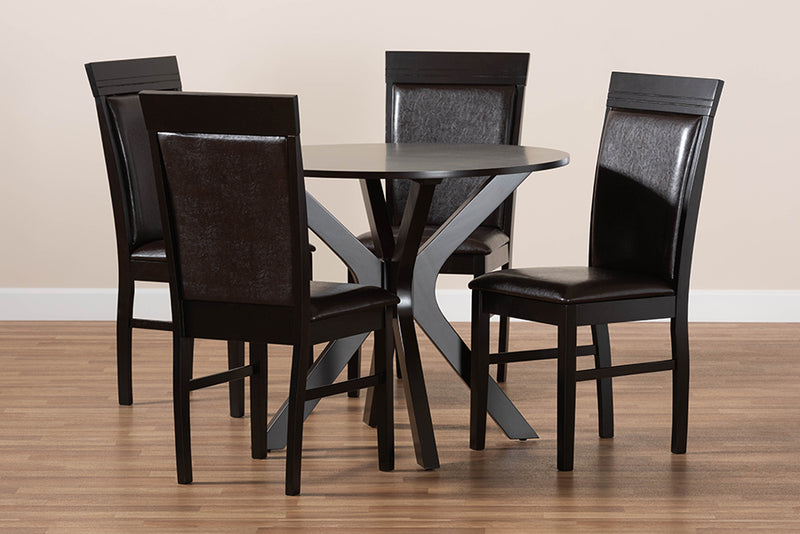 Fera Modern and Contemporary Dark Brown Faux Leather Upholstered and Dark Brown Finished Wood 5-Piece Dining Set
