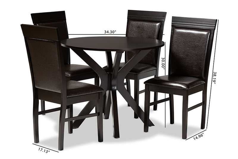 Fera Modern and Contemporary Dark Brown Faux Leather Upholstered and Dark Brown Finished Wood 5-Piece Dining Set