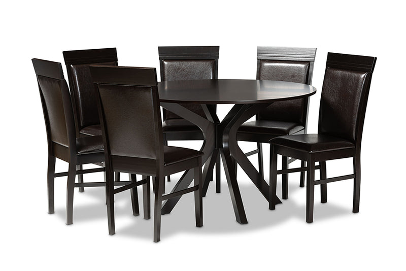 Fera Modern and Contemporary Dark Brown Faux Leather Upholstered and Dark Brown Finished Wood 7-Piece Dining Set