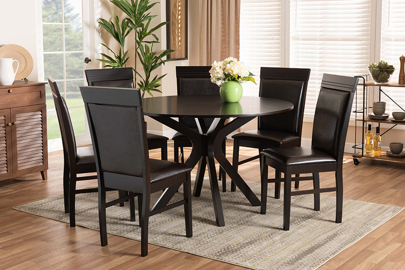 Fera Modern and Contemporary Dark Brown Faux Leather Upholstered and Dark Brown Finished Wood 7-Piece Dining Set