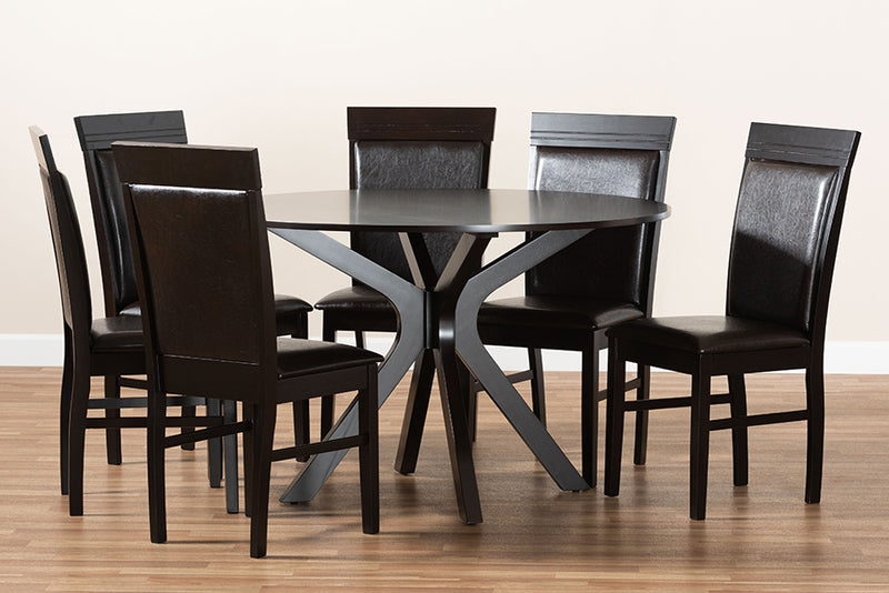 Fera Modern and Contemporary Dark Brown Faux Leather Upholstered and Dark Brown Finished Wood 7-Piece Dining Set