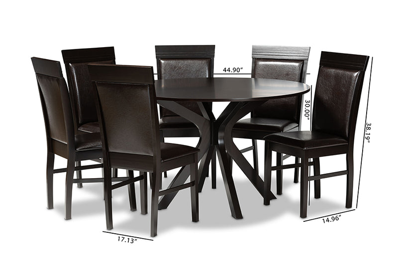 Fera Modern and Contemporary Dark Brown Faux Leather Upholstered and Dark Brown Finished Wood 7-Piece Dining Set