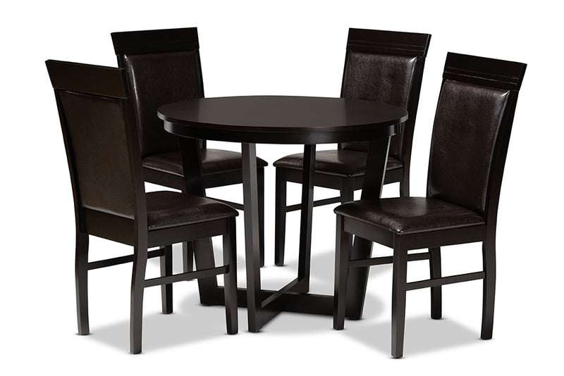 Denton Modern and Contemporary Dark Brown Faux Leather Upholstered and Dark Brown Finished Wood 5-Piece Dining Set