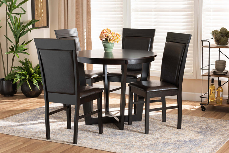 Denton Modern and Contemporary Dark Brown Faux Leather Upholstered and Dark Brown Finished Wood 5-Piece Dining Set