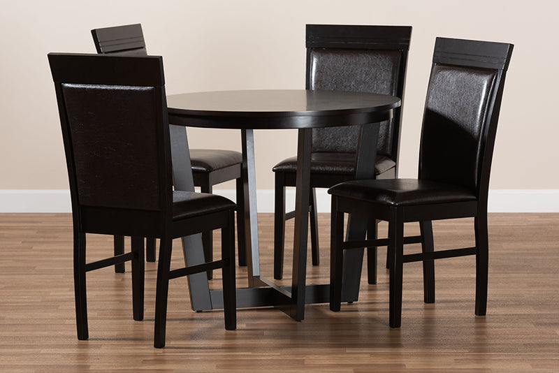 Denton Modern and Contemporary Dark Brown Faux Leather Upholstered and Dark Brown Finished Wood 5-Piece Dining Set