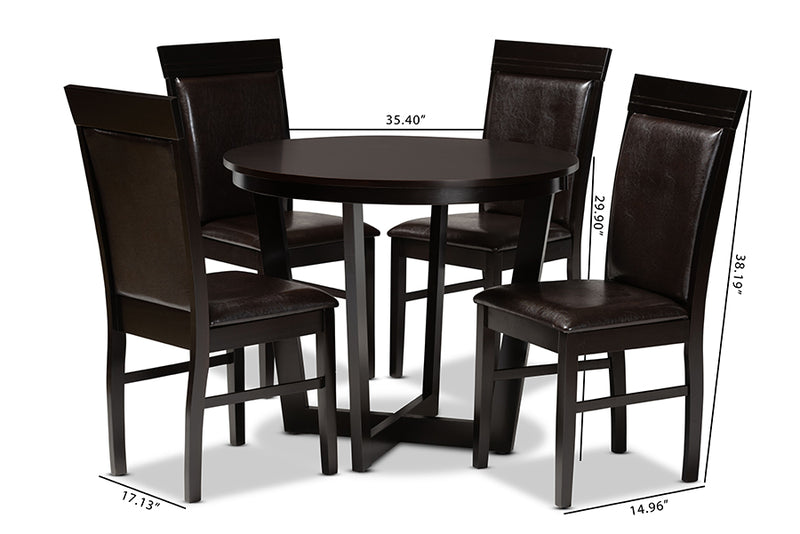 Denton Modern and Contemporary Dark Brown Faux Leather Upholstered and Dark Brown Finished Wood 5-Piece Dining Set