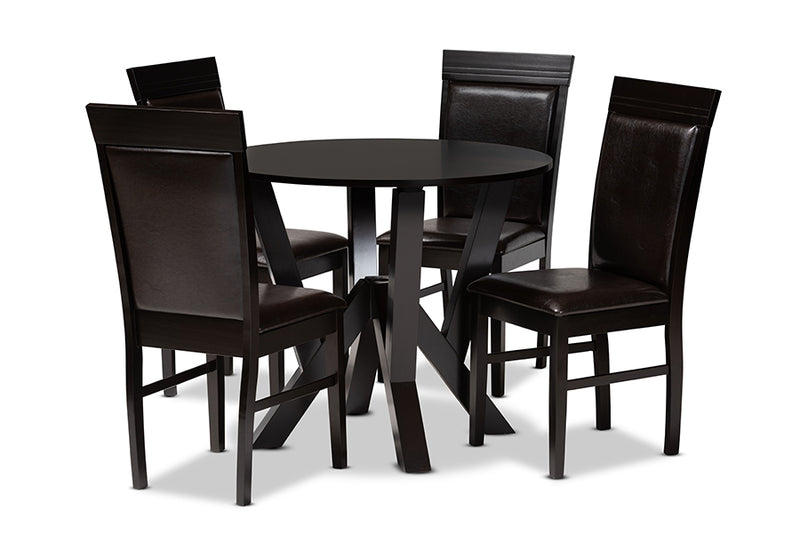 Jamie Modern and Contemporary Dark Brown Faux Leather Upholstered and Dark Brown Finished Wood 5-Piece Dining Set