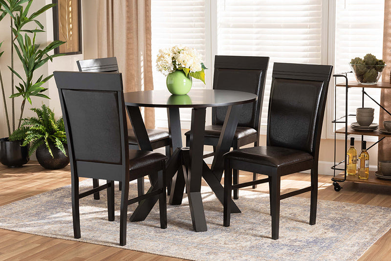 Jamie Dark Brown Faux Leather Upholstered and Dark Brown 5-Piece Dining Set Baxton