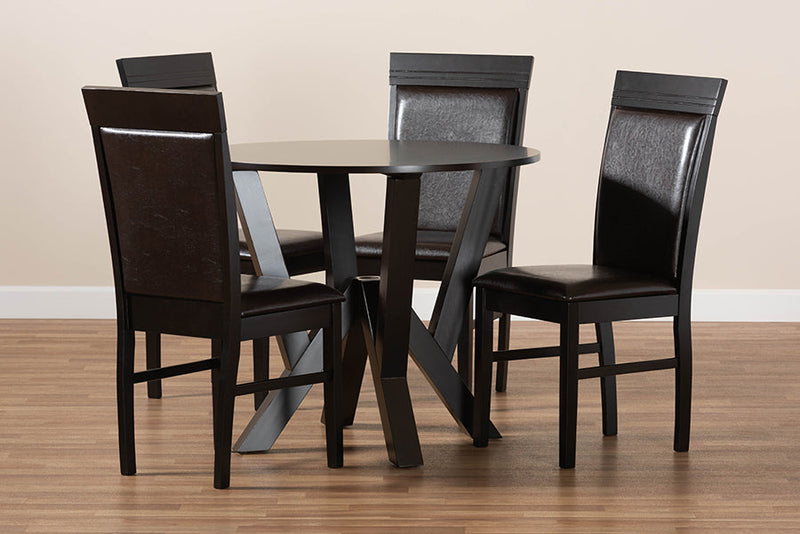 Jamie Dark Brown Faux Leather Upholstered and Dark Brown 5-Piece Dining Set Baxton