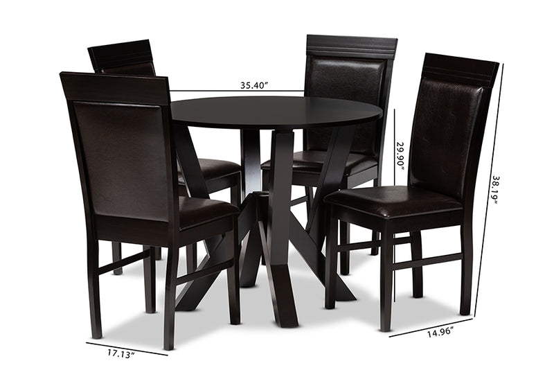 Jamie Modern and Contemporary Dark Brown Faux Leather Upholstered and Dark Brown Finished Wood 5-Piece Dining Set