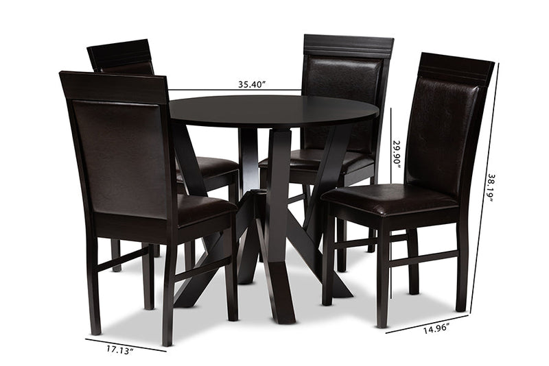 Jamie Dark Brown Faux Leather Upholstered and Dark Brown 5-Piece Dining Set Baxton