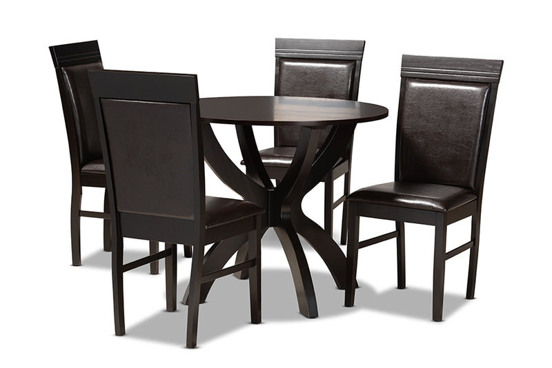 Clare Modern and Contemporary Dark Brown Faux Leather Upholstered and Dark Brown Finished Wood 5-Piece Dining Set