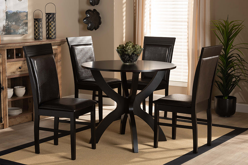Clare Modern and Contemporary Dark Brown Faux Leather Upholstered and Dark Brown Finished Wood 5-Piece Dining Set
