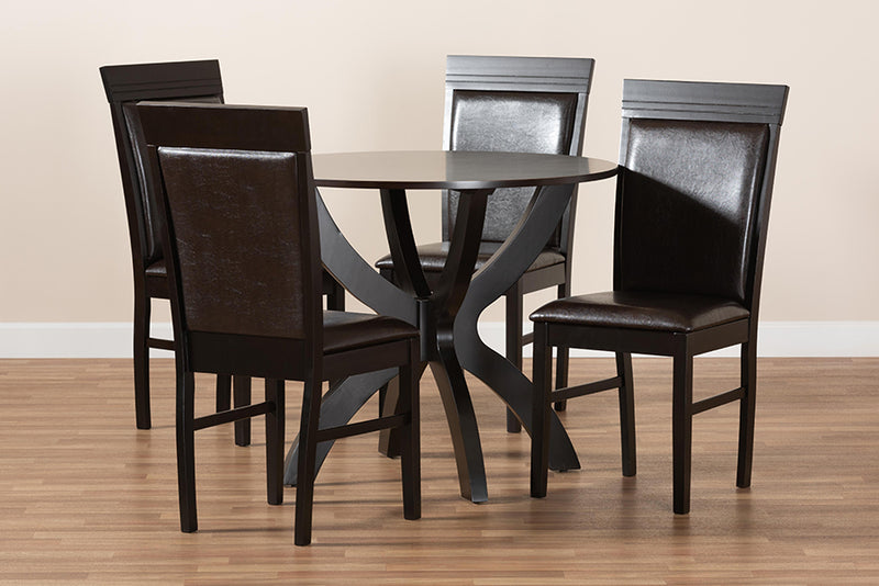 Clare Modern and Contemporary Dark Brown Faux Leather Upholstered and Dark Brown Finished Wood 5-Piece Dining Set