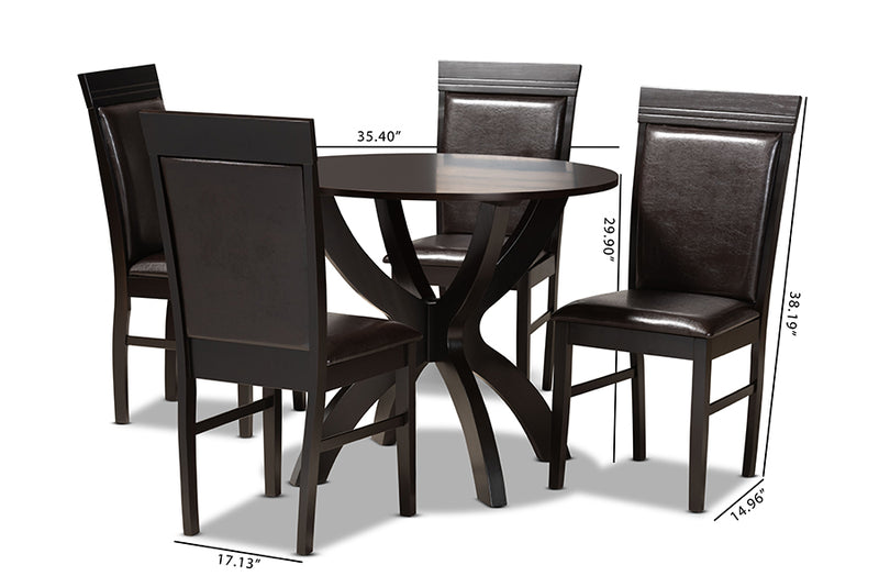 Clare Modern and Contemporary Dark Brown Faux Leather Upholstered and Dark Brown Finished Wood 5-Piece Dining Set