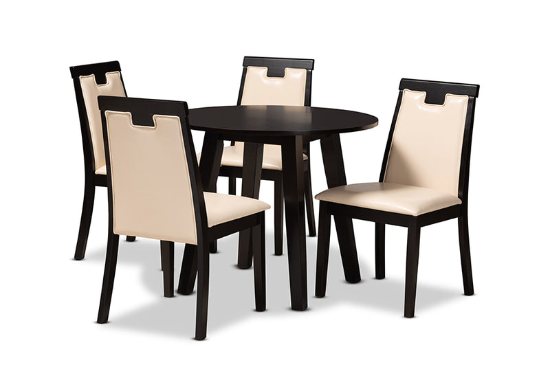 Thalassa Modern and Contemporary Beige Faux Leather Upholstered and Dark Brown Finished Wood 5-Piece Dining Set