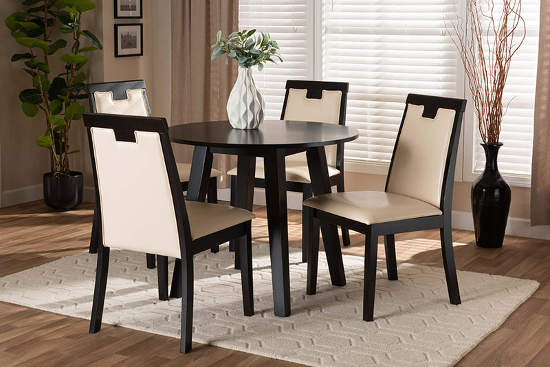 Thalassa Modern and Contemporary Beige Faux Leather Upholstered and Dark Brown Finished Wood 5-Piece Dining Set