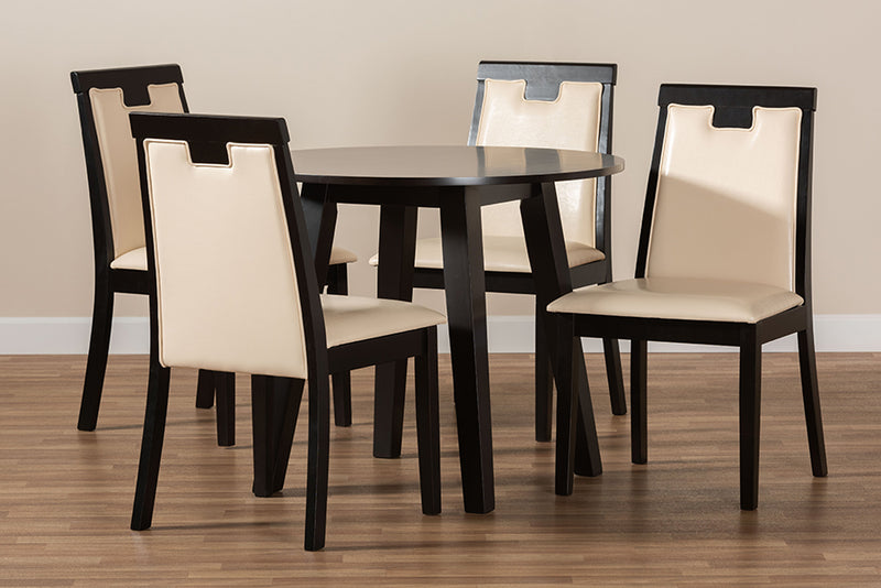 Thalassa Modern and Contemporary Beige Faux Leather Upholstered and Dark Brown Finished Wood 5-Piece Dining Set