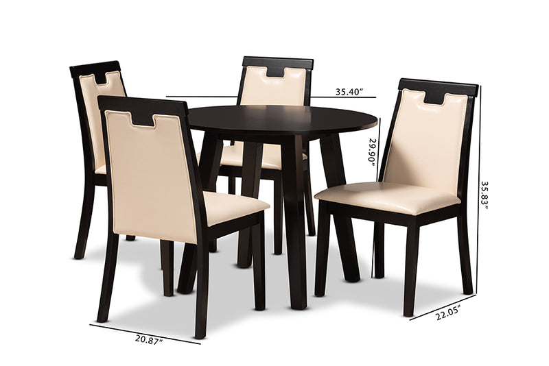 Thalassa Modern and Contemporary Beige Faux Leather Upholstered and Dark Brown Finished Wood 5-Piece Dining Set