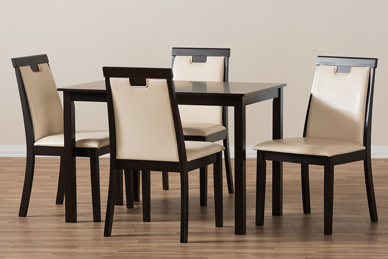 Reinu Beige Faux Leather Upholstered and Dark Brown Finished 5-Piece Dining Set Baxton