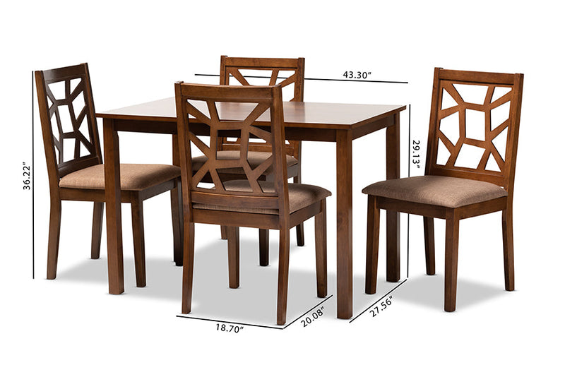 Caspia Light Brown Fabric Walnut Brown Finished 5-Piece Wood Dining Set Baxton