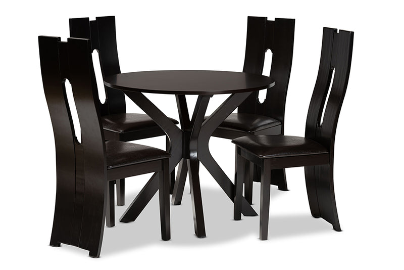 Sheldon Modern and Contemporary Dark Brown Faux Leather Upholstered and Dark Brown Finished Wood 5-Piece Dining Set