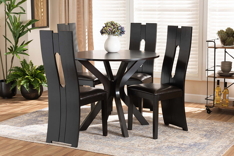 Sheldon Modern and Contemporary Dark Brown Faux Leather Upholstered and Dark Brown Finished Wood 5-Piece Dining Set