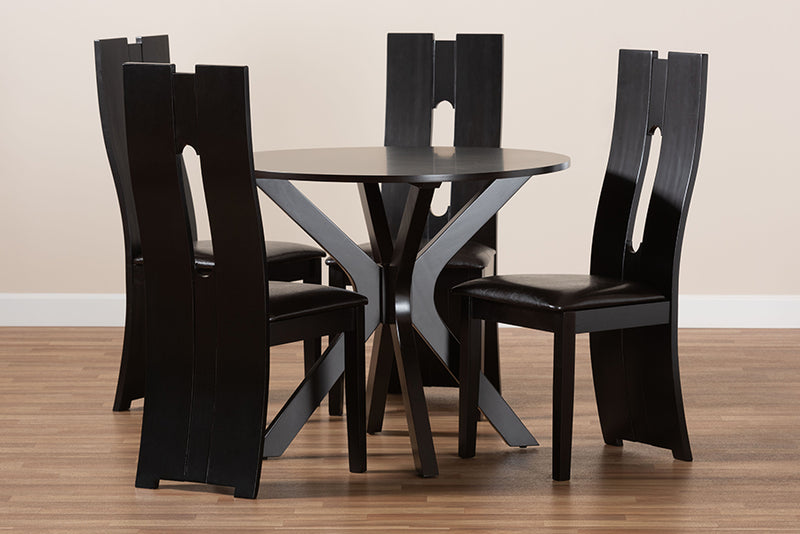 Sheldon Modern and Contemporary Dark Brown Faux Leather Upholstered and Dark Brown Finished Wood 5-Piece Dining Set