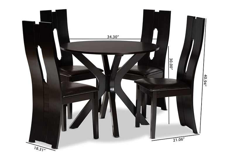 Sheldon Dark Brown Faux Leather Upholstered and Dark Brown 5-Piece Dining Set Baxton