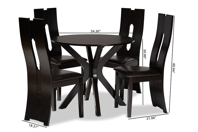 Sheldon Modern and Contemporary Dark Brown Faux Leather Upholstered and Dark Brown Finished Wood 5-Piece Dining Set