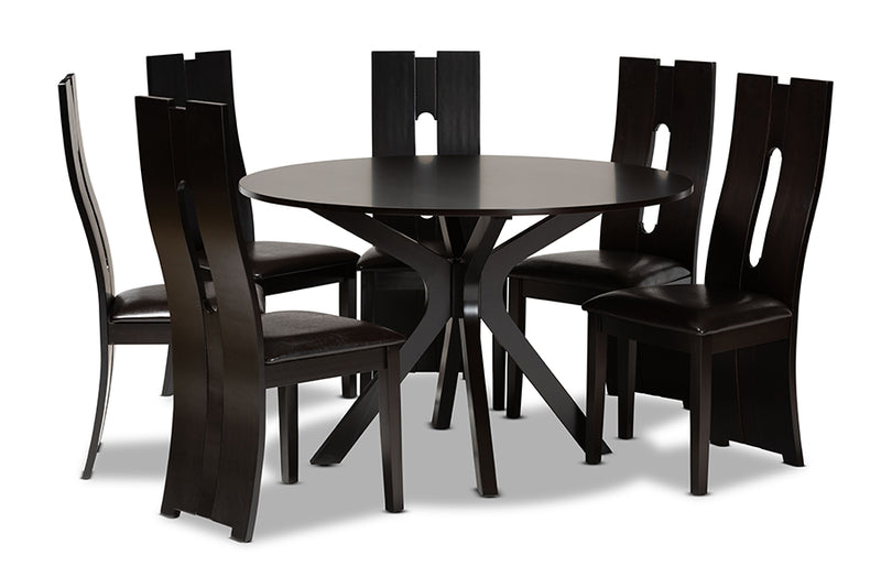 Acantha Modern and Contemporary Dark Brown Faux Leather Upholstered and Dark Brown Finished Wood 7-Piece Dining Set