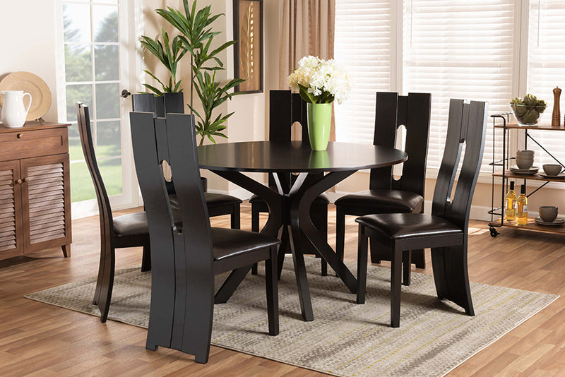 Acantha Modern and Contemporary Dark Brown Faux Leather Upholstered and Dark Brown Finished Wood 7-Piece Dining Set