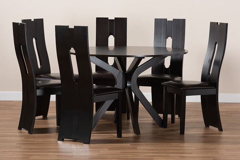 Acantha Dark Brown Faux Leather Upholstered and Dark Brown 7-Piece Dining Set Baxton