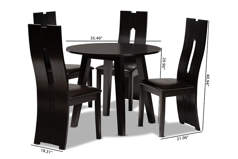 Ladonna Dark Brown Faux Leather Upholstered and Dark Brown 5-Piece Dining Set Baxton