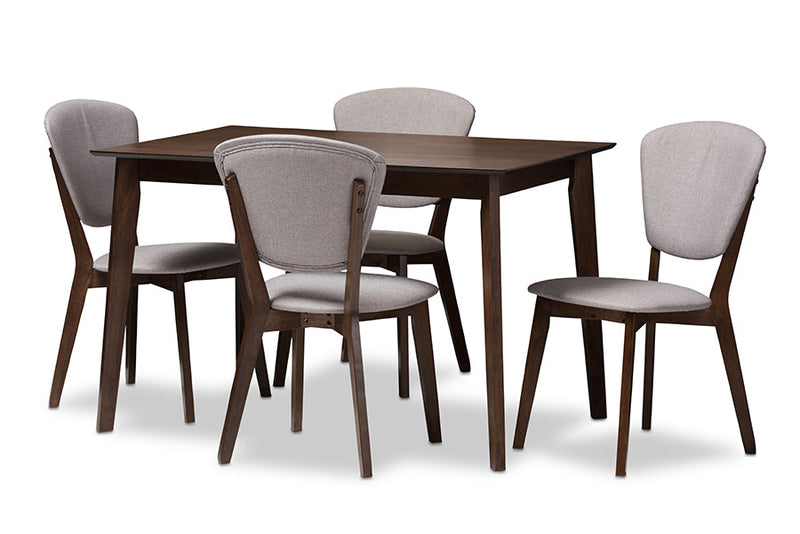 Macayle Walnut-Finished Light Gray Fabric Upholstered 5-Piece Dining Set Baxton