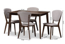Macayle Walnut-Finished Light Gray Fabric Upholstered 5-Piece Dining Set Baxton