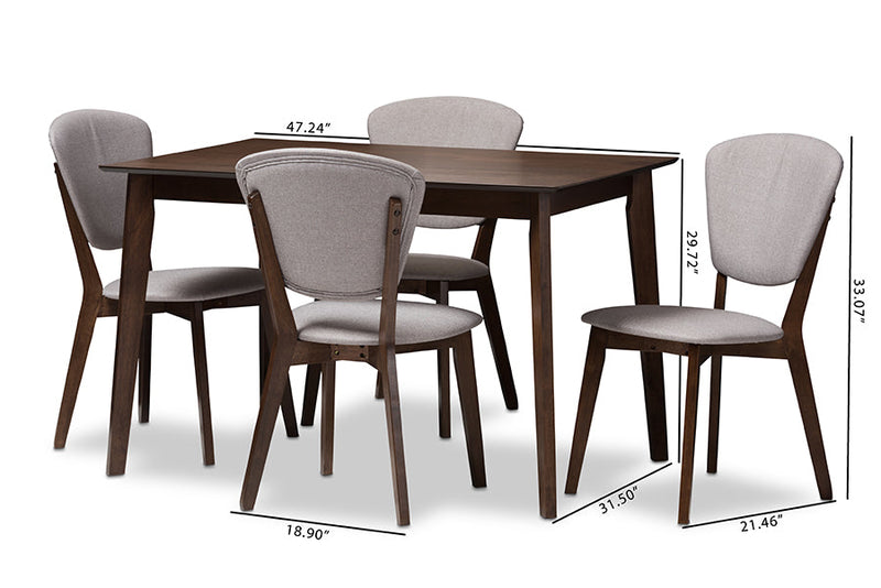 Macayle Walnut-Finished Light Gray Fabric Upholstered 5-Piece Dining Set Baxton
