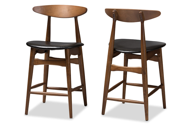 Elara Mid-Century Modern Black Faux Leather Upholstered Walnut Finished Counter Stool (Set of 2)