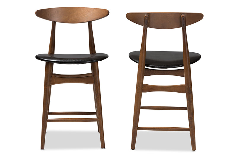 Elara Mid-Century Modern Black Faux Leather Upholstered Walnut Finished Counter Stool (Set of 2)