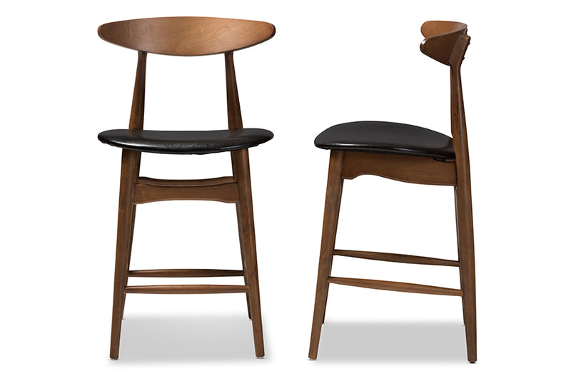 Elara Mid-Century Modern Black Faux Leather Upholstered Walnut Finished Counter Stool (Set of 2)