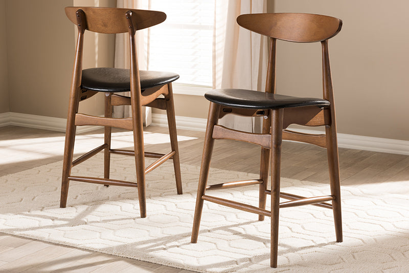 Elara Mid-Century Modern Black Faux Leather Upholstered Walnut Finished Counter Stool (Set of 2)