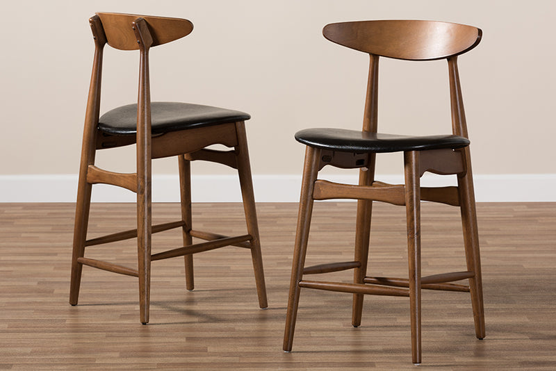 Elara Mid-Century Modern Black Faux Leather Upholstered Walnut Finished Counter Stool (Set of 2)