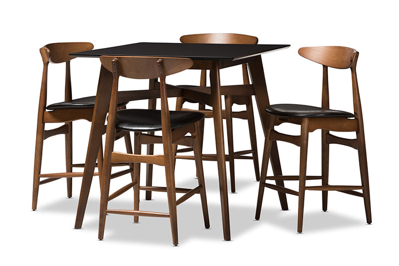 Elara Mid-Century Modern Black Faux-Leather Upholstered Walnut Finished 5-Piece Pub Set