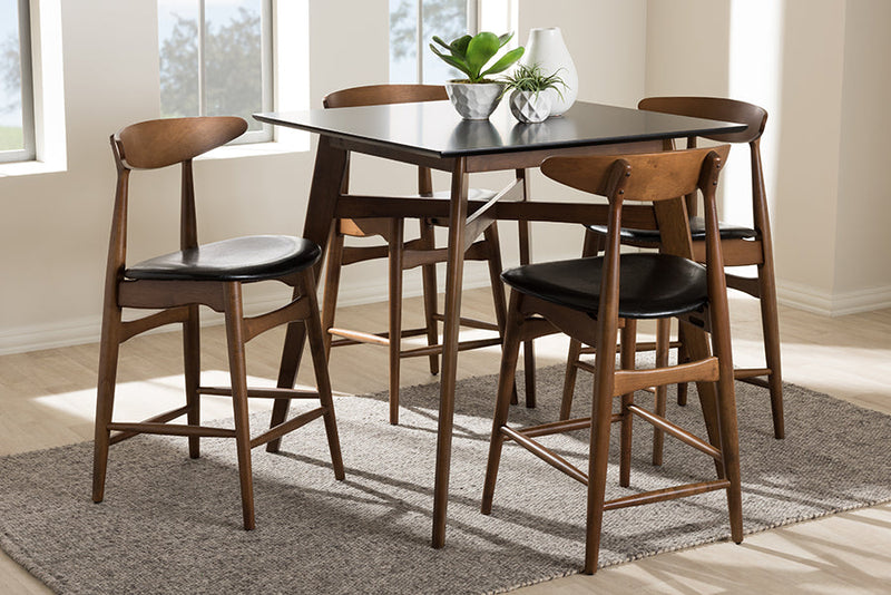 Elara Black Faux-Leather Upholstered Walnut Finished 5-Piece Pub Set Baxton